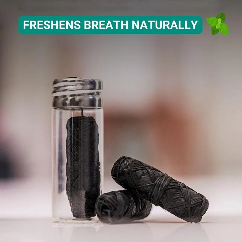 30M Vegan Biodegradable Bamboo Charcoal Dental Floss with Refillable Glass Holder Mint Flavored Tiny Floss (Black,White)