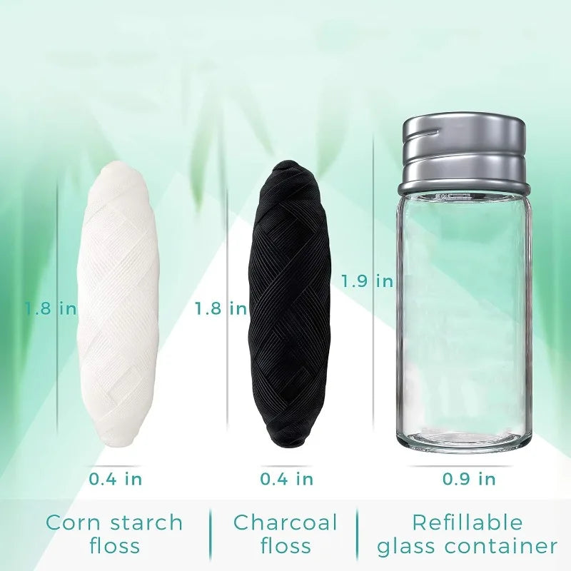 30M Vegan Biodegradable Bamboo Charcoal Dental Floss with Refillable Glass Holder Mint Flavored Tiny Floss (Black,White)